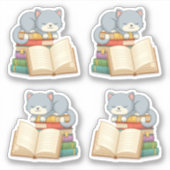 Schattige kat bovenop een stapel boeken, set van 4 sticker (Voorkant)
