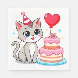 Schattige kat die een verjaardag viert met een taa servet