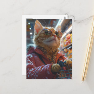 Schattige Kat Doet Boodschappen Briefkaart