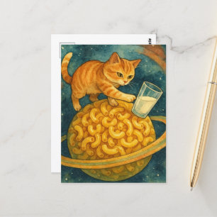 Schattige kat duwt melk van planeet briefkaart