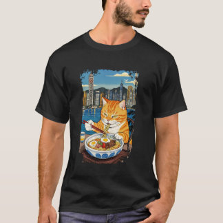 Schattige Kat Eet Ramen Retro Japanse Kunst Hong K T-shirt