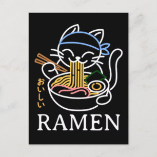 Schattige kat geniet van smakelijke Ramen Noedel m Feestdagenkaart