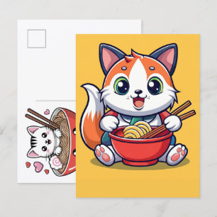 Schattige kat geniet van smakelijke Ramen Noedel m Feestdagenkaart