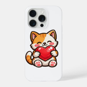 Schattige Kat Hart – Kawaii Kat Knuffelt Rode Hart iPhone 15 Pro Hoesje