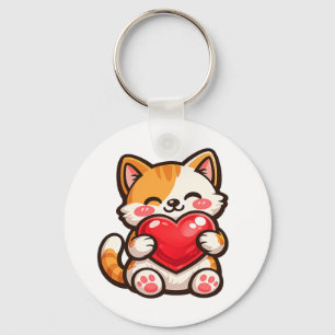 Schattige Kat Hart – Kawaii Kat Knuffelt Rode Hart Sleutelhanger