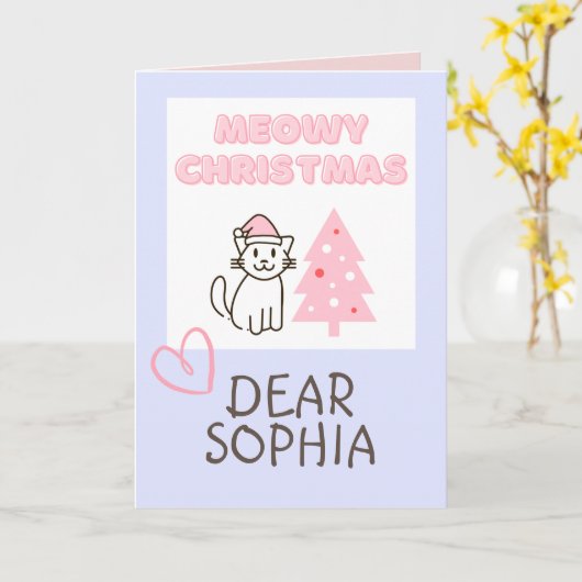 Schattige kat in kerstmuts&boom Kerstmis kat paste Kaart (Gele Bloem)