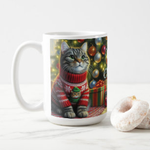 Schattige kat in kersttrui koffiemok