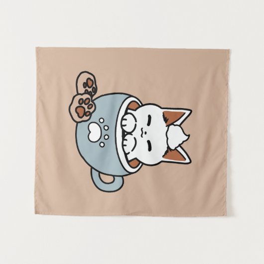 Schattige Kat in Mok Vakantie Ontwerp - Kat & Caca Wandkleed (Voorkant (horizontaal))