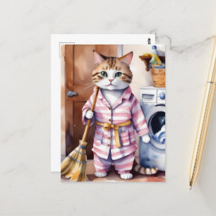 Schattige Kat in Pyjama Doing Wasserij Grappig Briefkaart