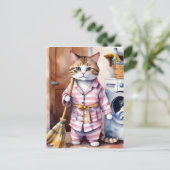 Schattige Kat in Pyjama Doing Wasserij Grappig Briefkaart (Staand voorkant)