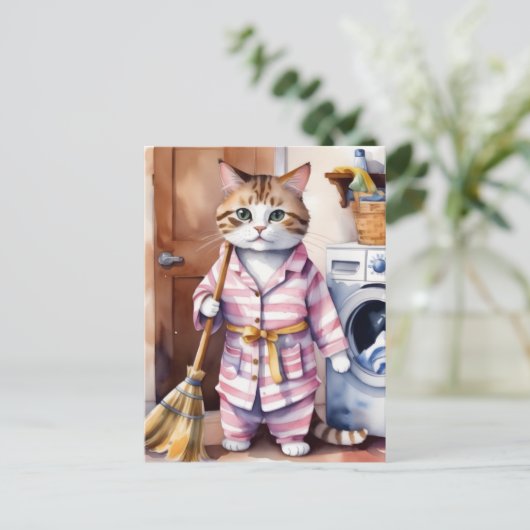 Schattige Kat in Pyjama Doing Wasserij Grappig Briefkaart (Staand voorkant)