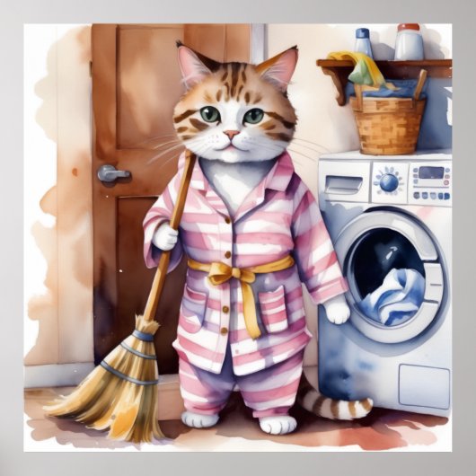 Schattige Kat in Pyjama Doing Wasserij Grappig Poster (Voorkant)