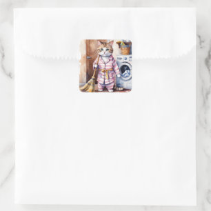 Schattige Kat in Pyjama Doing Wasserij Grappig Vierkante Sticker