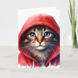 Schattige Kat in Rode Hoodie Waterverf Kaart
