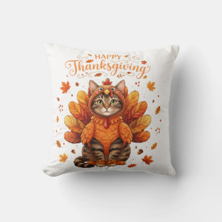 Schattige Kat Kalkoen Gelukkig Thanksgiving Herfst Kussen