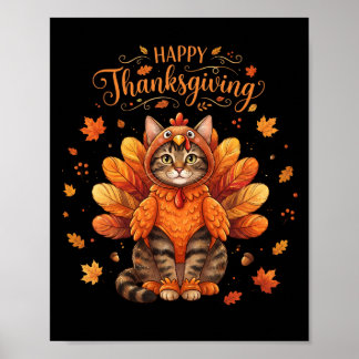 Schattige Kat Kalkoen Gelukkig Thanksgiving Herfst Poster