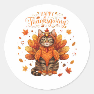 Schattige Kat Kalkoen Gelukkig Thanksgiving Herfst Ronde Sticker