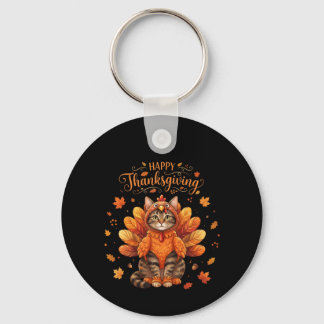 Schattige Kat Kalkoen Gelukkig Thanksgiving Herfst Sleutelhanger