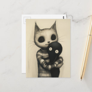 Schattige kat knuffelt met zijn vriend briefkaart