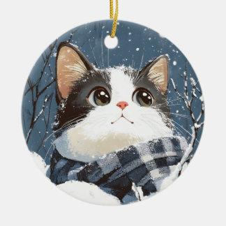 Schattige kat knus winter sneeuw keramisch ornament