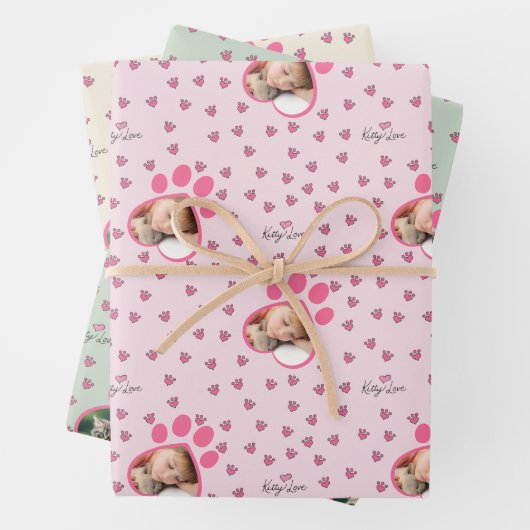 Schattige Kat Liefde Drie Custom Cat Foto's Inpakpapier Vel (In situ)