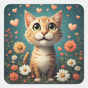Schattige kat met bloemen harten en vrolijke blik vierkante sticker