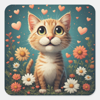 Schattige kat met bloemen harten en vrolijke blik  vierkante sticker