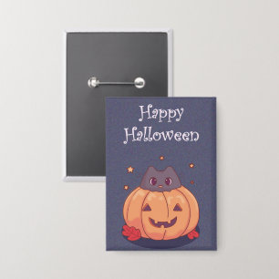 Schattige kat met een Halloween pompoen Blauw grij Button