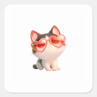 Schattige kat met hart zonnebril | Schattig Kawaii Vierkante Sticker