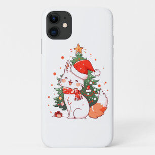 Schattige kat met kerstmuts bij kerstboom iPhone 11 hoesje