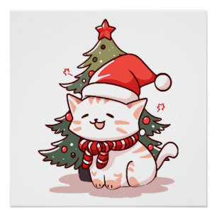 Schattige kat met kerstmuts bij kerstboom perfect poster