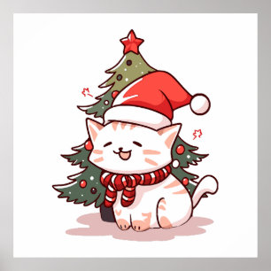 Schattige kat met kerstmuts bij kerstboom poster