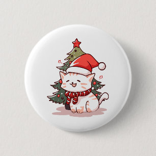 Schattige kat met kerstmuts bij kerstboom ronde button 5,7 cm