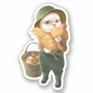 Schattige kat met kip op Boerderij Sticker