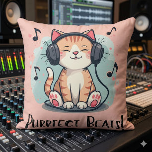 Schattige Kat met Koptelefoon Kawaii Muziek Liefhe Kussen
