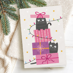 Schattige kat met lichten en kerstcadeaus feestdagen kaart