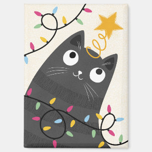 Schattige kat met lichtjes en kerstboomtop kerst magneet