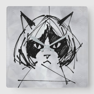 Schattige kat met pruik (stijl 3 +BG) Fijne Kunst Vierkante Klok