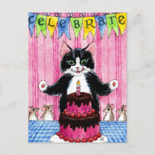 Schattige kat met roze verjaardagstaart ansichtkaa briefkaart