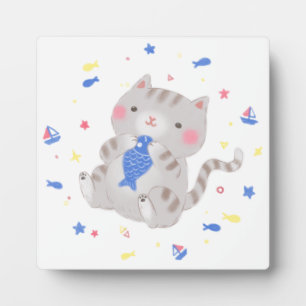 Schattige Kat met vis in zomerillustratie Fotoplaat