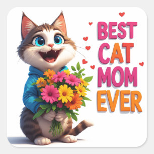 Schattige Kat Moeder Kitty Met Bloem Harten 🐱 Vierkante Sticker