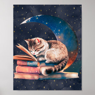 Schattige kat op de maan Een boek lezen Poster