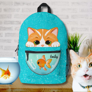 Schattige kat op zoek naar goudvissenkom met naam bedrukte rugzak