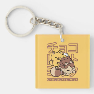 Schattige Kat Rijdt op Chocolademelk Karton Kawaii Sleutelhanger