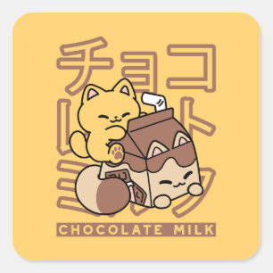 Schattige Kat Rijdt op Chocolademelk Karton Kawaii Vierkante Sticker