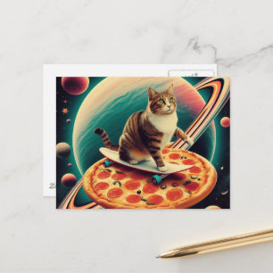 Schattige kat skateboarden op een Pizza Planeet Briefkaart