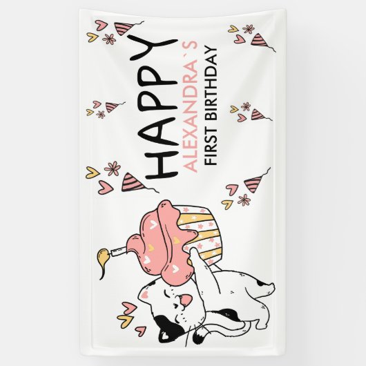 Schattige kat-thema eerste meisje verjaardag spandoek (Verticaal)