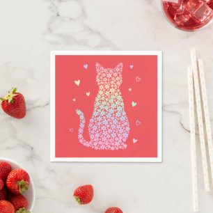 schattige kat zoete regenboog harten pastel gradië servet