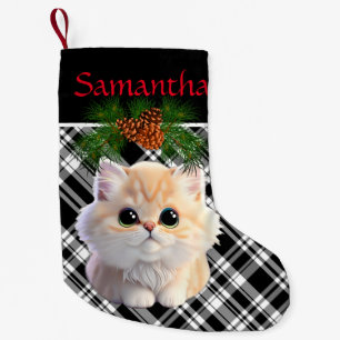 Schattige Kat zwart wit plaid met dennenappel Kleine Kerstsok