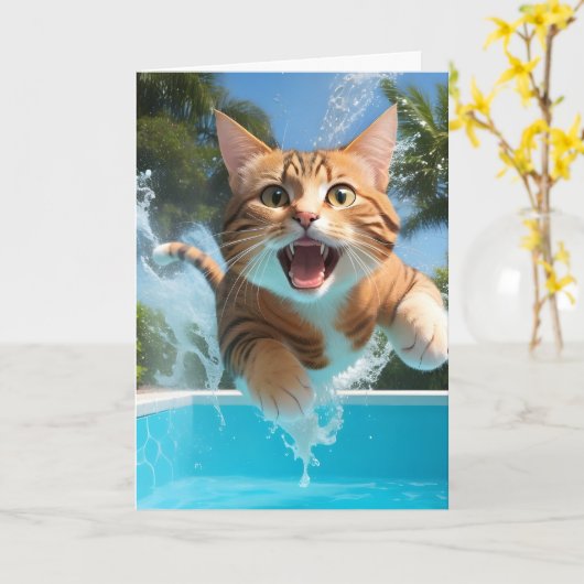 Schattige kat zwemt duikend in zwembad grappig bla kaart (Gele Bloem)